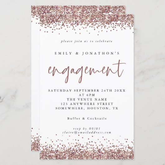 Budget Roos Gold Glitter Borders Verloving Uitnodi (Voorkant / Achterkant)