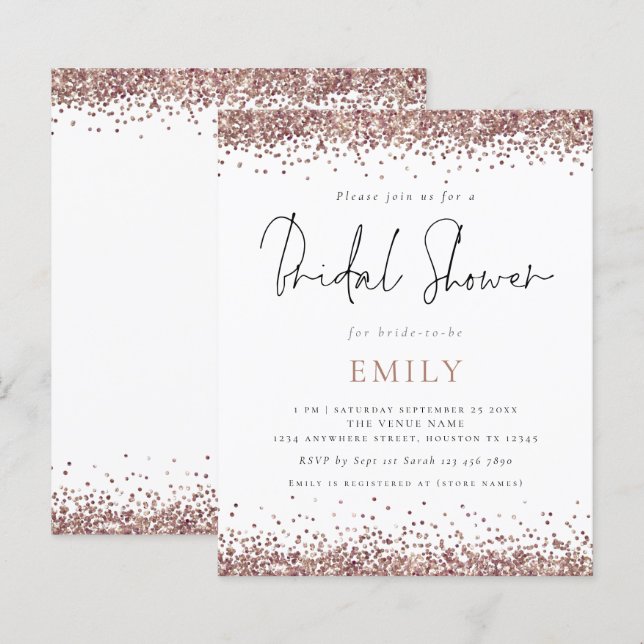 Budget Roos Gold Glitter Bridal Shower Uitnodiging (Voorkant / Achterkant)