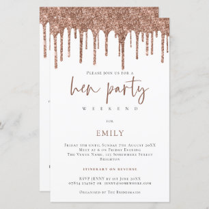 Budget Roos Gold Glitter Drip Hen Weekend Invite