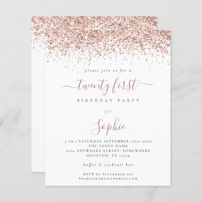 Budget Roos Gold Glitter Girly 21ste Party Invite (Voorkant / Achterkant)