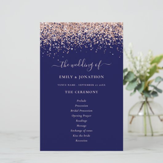 Budget Roos Gold Glitter Navy Blue Wedding Program (Staand voorkant)