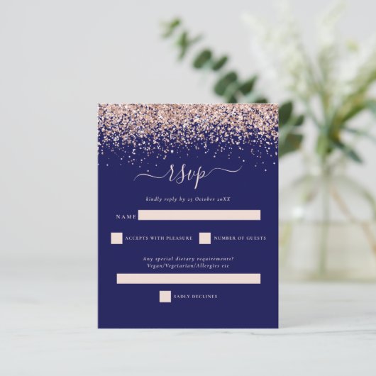 Budget Roos Gold Glitter Navy Blush Wedding RSVP (Staand voorkant)