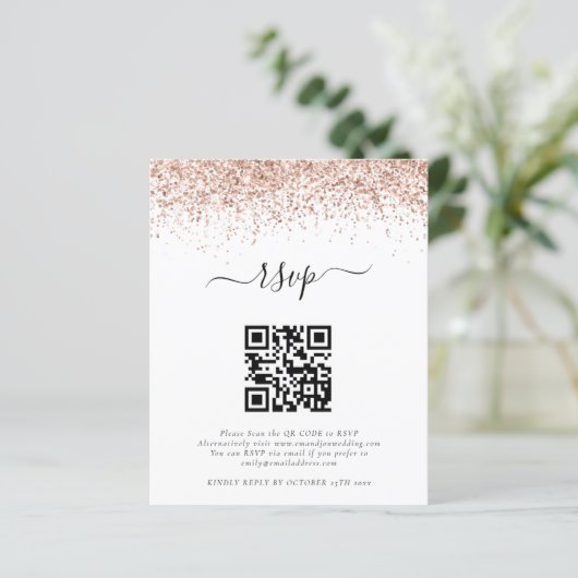 Budget Roos Gold Glitter QR Code Weddenschap RSVP (Staand voorkant)