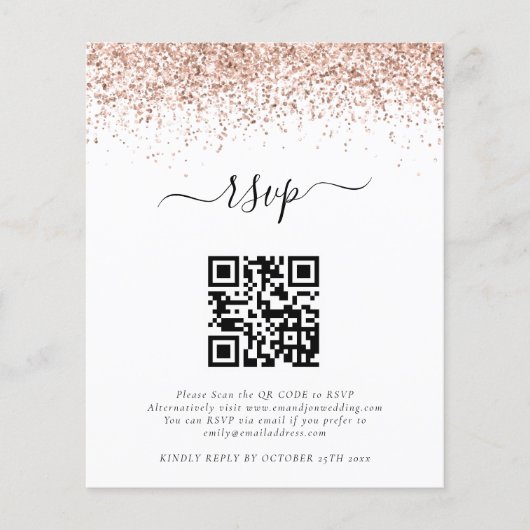 Budget Roos Gold Glitter QR Code Weddenschap RSVP (Voorkant)