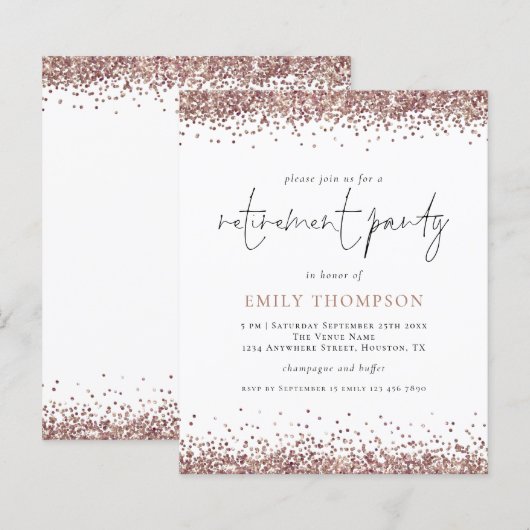 Budget Roos Gold Glitter Retirement Party Invite (Voorkant / Achterkant)