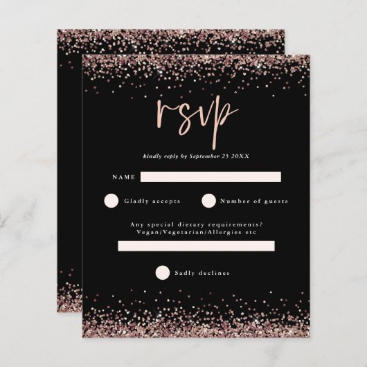 Budget Roos Gold Glitter Script Black RSVP (Voorkant / Achterkant)