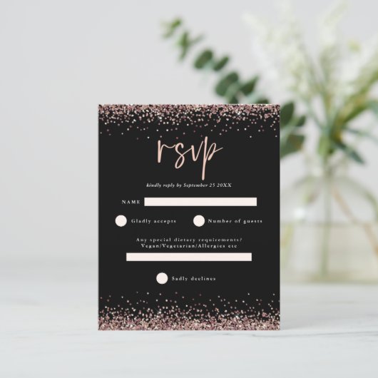 Budget Roos Gold Glitter Script Black RSVP (Staand voorkant)