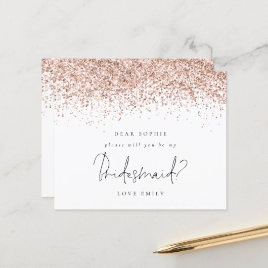 Budget Roos Gold Glitter Script Bridesmaid Request (Voorkant / Achterkant in situ)
