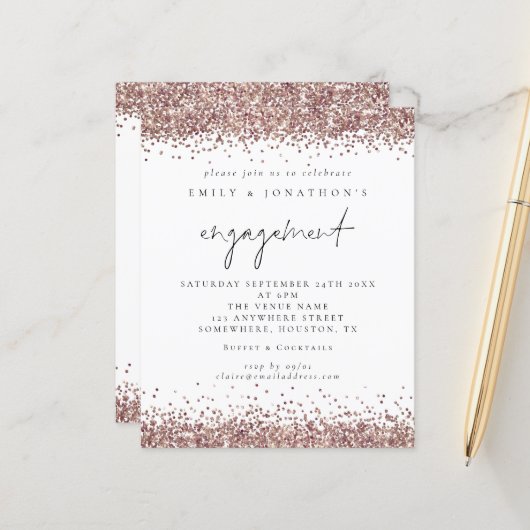 Budget Roos Gold Glitter Script Verloving Uitnodig (Voorkant / Achterkant in situ)