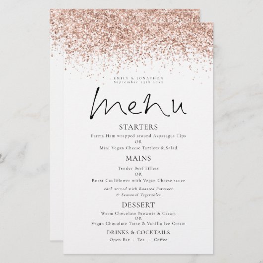 Budget Roos Gold Glitter Script Weduwmenu (Voorkant / Achterkant)