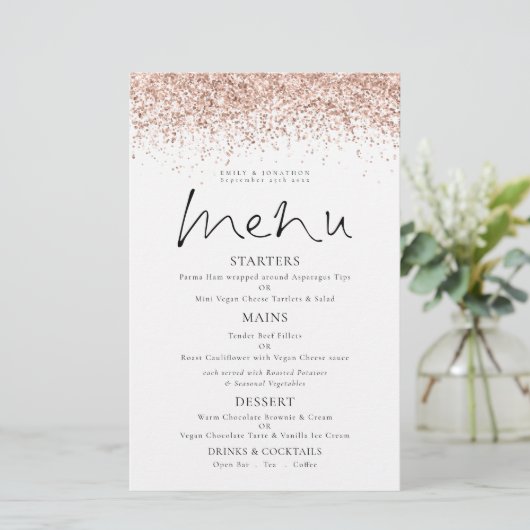 Budget Roos Gold Glitter Script Weduwmenu (Staand voorkant)