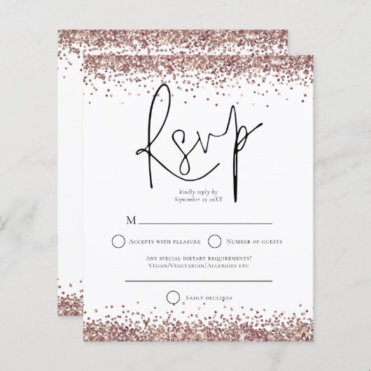Budget Roos Gold Glitter Script Weduwschap RSVP (Voorkant / Achterkant)