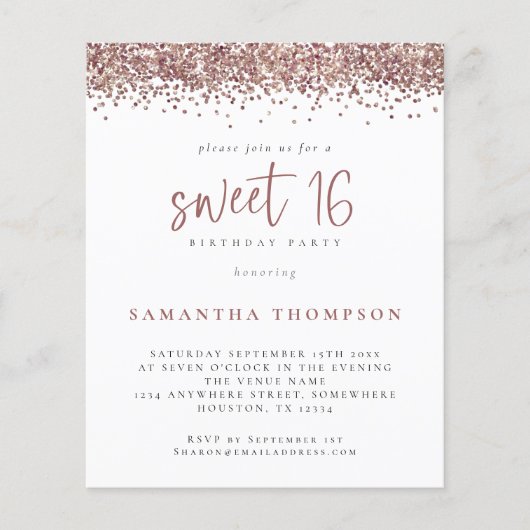 Budget Roos Gold Glitter Sweet 16 Uitnodiging (Voorkant)