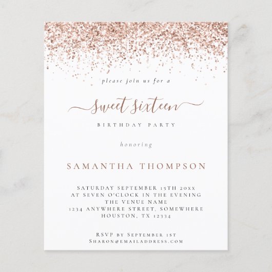 Budget Roos Gold Glitter Sweet 16 Uitnodiging (Voorkant)