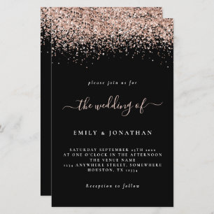 Budget Roos Gold Glitter Wedding Black Uitnodiging