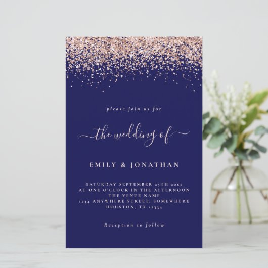 Budget Roos Gold Glitter Wedding Navy Blush Invite (Staand voorkant)