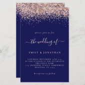 Budget Roos Gold Glitter Wedding Navy Blush Invite (Voorkant / Achterkant)