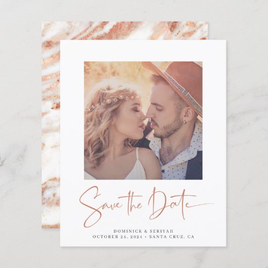 Budget Roos Gold Marble Wedding Save the Date (Voorkant / Achterkant)