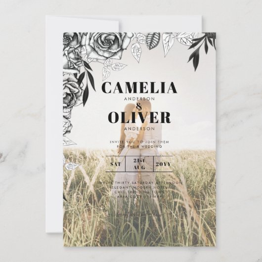 Budget Rose noir PHOTO OVERLAY Mariage Invitation (Devant)
