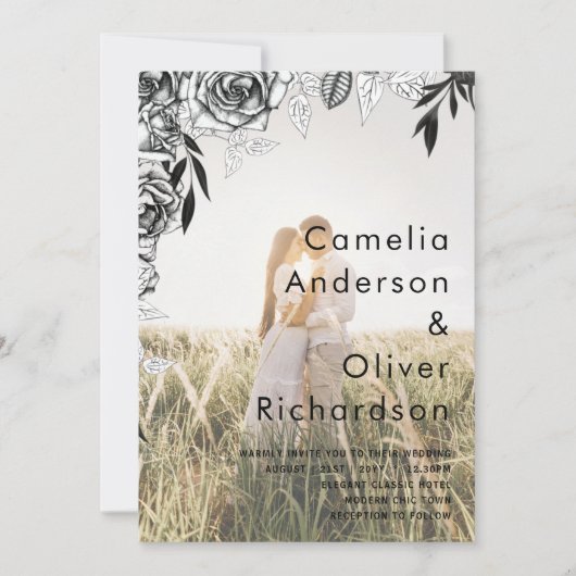 Budget Rose noir PHOTO OVERLAY Mariage Invitation (Devant)