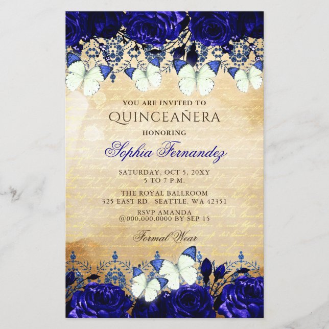 Budget Royal Blue Butterfly Quinceañera Uitnodigin (Voorkant)