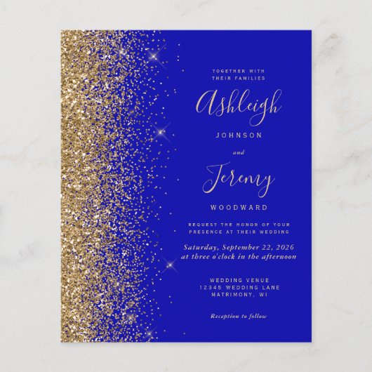 Budget Royal Blue Gold Glitter QR Code Huwelijk (Voorkant)