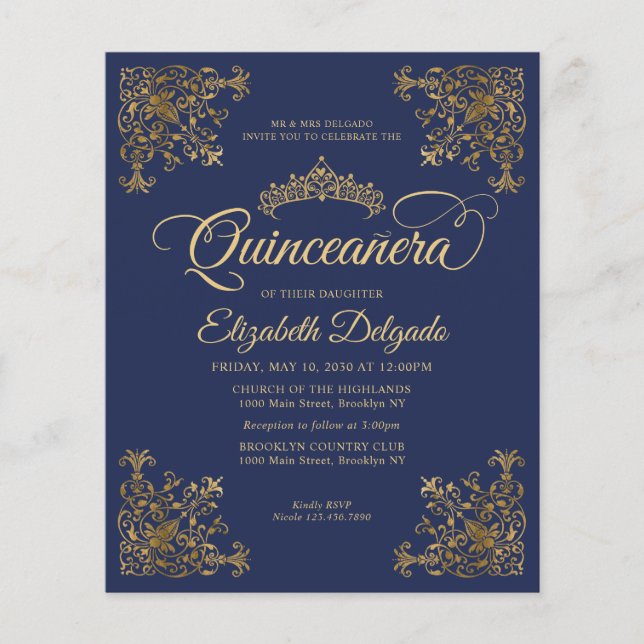 Budget  Royal Blue Gold Lijst Quinceanera (Voorkant)