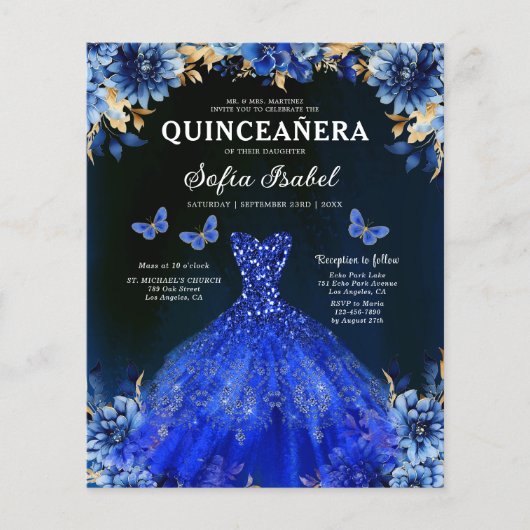 Budget Royal Blue QR Code Princess Quinceanera Flyer (Voorkant)
