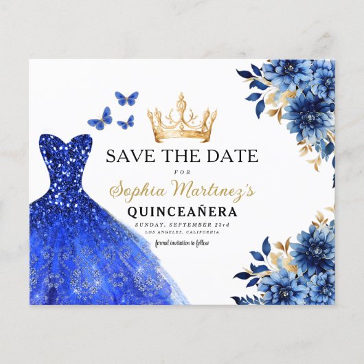 Budget Royal Blue Save the Date Quinceanera Flyer (Voorkant)