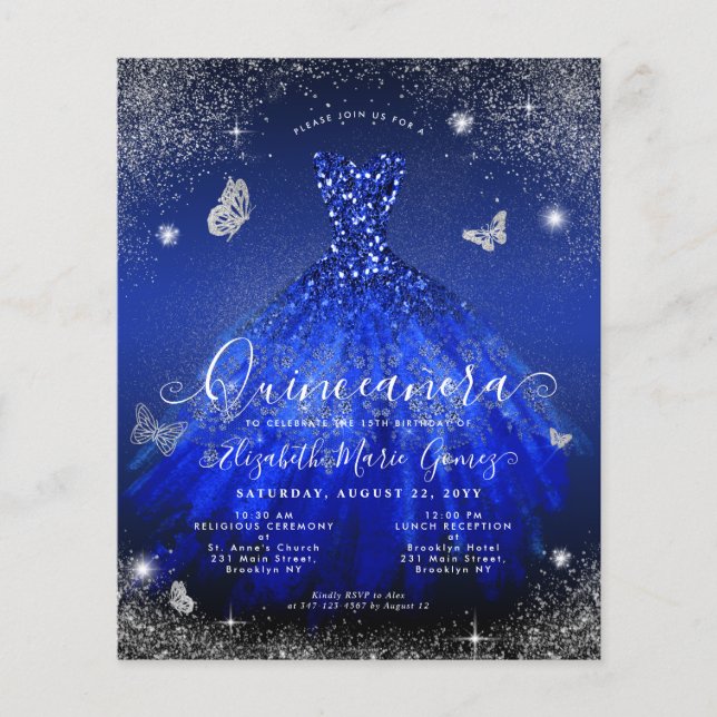 Budget Royal Blue Silver Gown Quinceanera Invite (Voorkant)