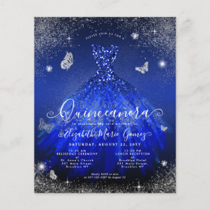 Budget Royal Blue Silver Gown Quinceanera Invite