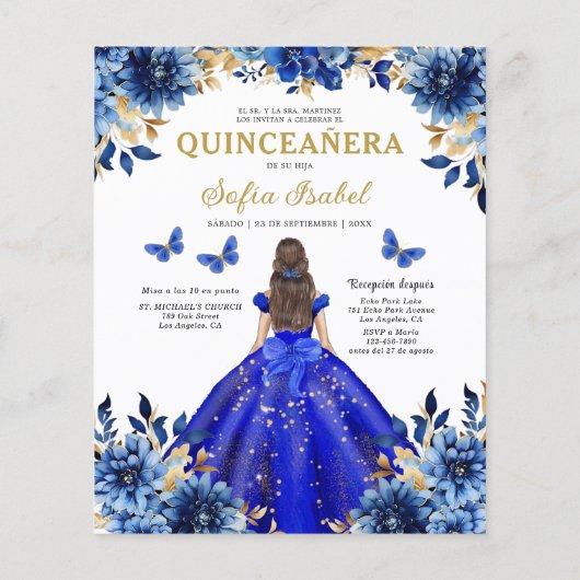 Budget Royal Blue Tweetalige Spaanse Quinceanera Flyer (Achterkant)