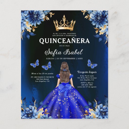 Budget Royal Blue Tweetalige Spaanse Quinceanera Flyer (Achterkant)