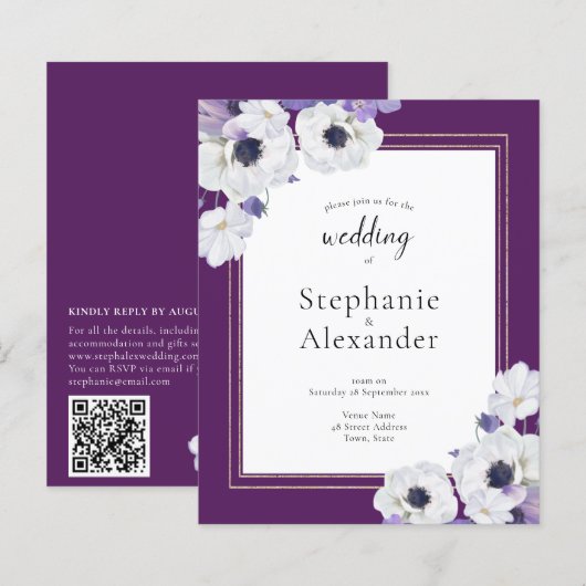 Budget Royal Paars Floral QR Code Invite (Voorkant / Achterkant)