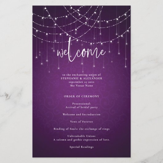 Budget Royal Paarse String Lights Trouwprogramma (Voorkant)