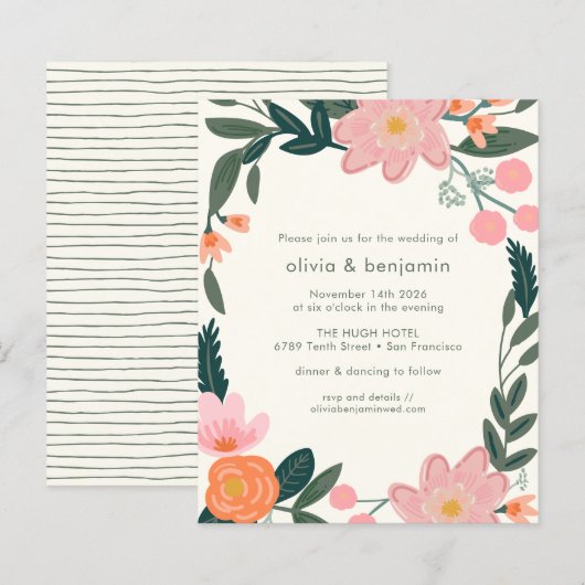 Budget roze achtertuin Floral Wedding Invite (Voorkant / Achterkant)
