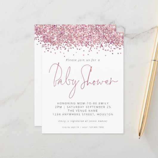 Budget roze Baby shower Uitnodiging (Voorkant / Achterkant in situ)