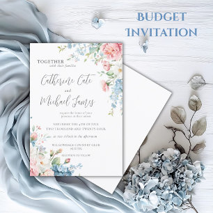 Budget Roze & Blauw Waterverf Bloemen Huwelijk Kaart