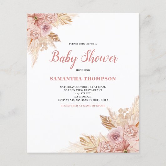 Budget Roze Bloemen Boho Baby shower Invitation Flyer (Voorkant)