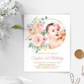 Budget roze bloemen & Gold First Birthday Uitnodig