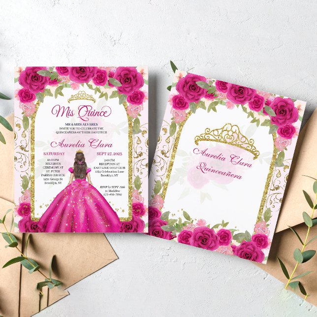 BUDGET Roze Bloemen Prinses Goud Quinceanera (Creator heeft geüpload)