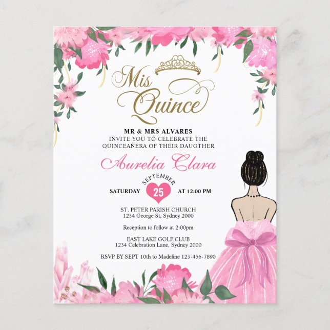 BUDGET Roze Bloemen Prinses Mis Quince Quinceañera (Voorkant)
