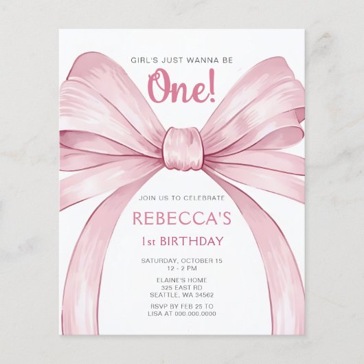 Budget Roze Bow Coquette Eerste Verjaardag Uitnodi (Voorkant)