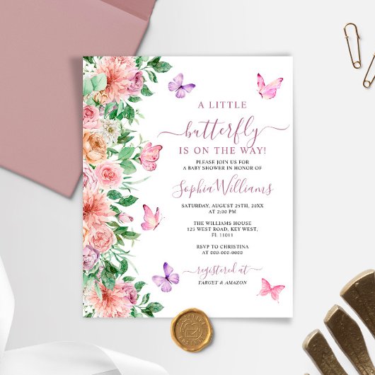 Budget roze Butterfly Baby shower Uitnodiging