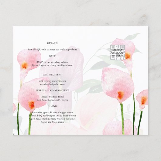 BUDGET Roze Calla Lily Weddenschap Opslagdatum QR- (Achterkant)
