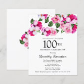 Budget Roze Floral 100th Birthday Uitnodiging (Voorkant / Achterkant)