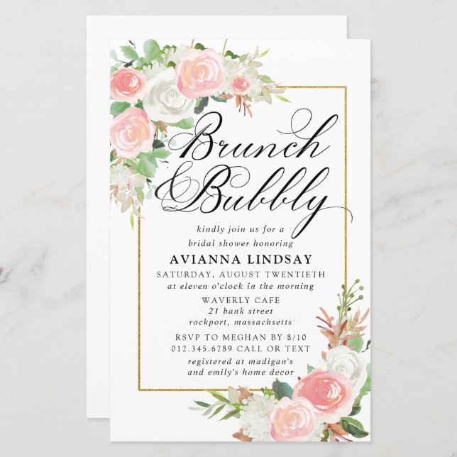 Budget roze Floral Brunch Bubble Invite (Voorkant / Achterkant)