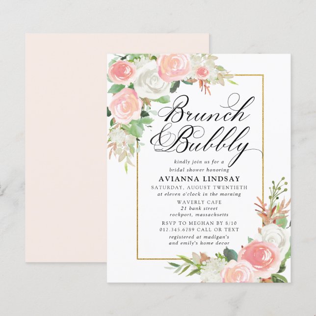 Budget roze Floral Brunch Bubble Invite (Voorkant / Achterkant)