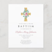 Budget roze Floral Peonies Cross Baptisme Invite (Voorkant)