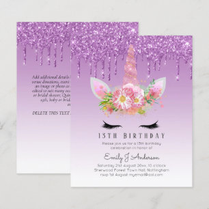 BUDGET Roze Glitter Unicorn Girls Birthday Invita